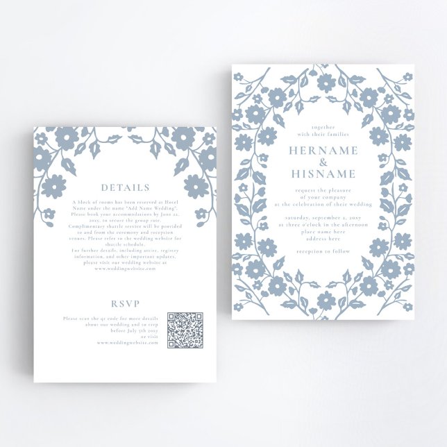 Invitation Dusty Blue Folk Floral QR RSVP All-In-One Mariage (Créateur téléchargé)