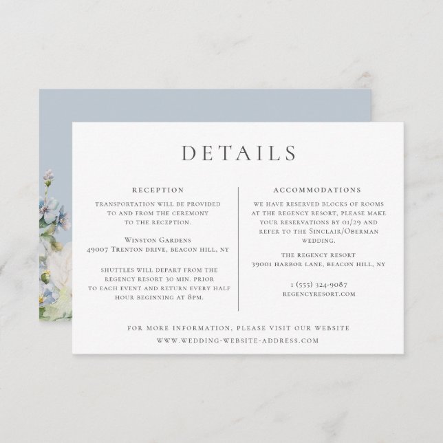 Invitation Dusty Blue Garden Floral Détails du Mariage (Devant / Derrière)