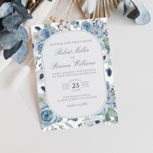 Invitation Dusty Blue Garden Roses Floral Élégant mariage