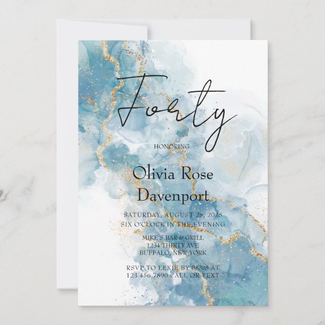 Invitation Dusty Blue & Gold Alcohol Ink 40e fête d'anniversa (Devant)