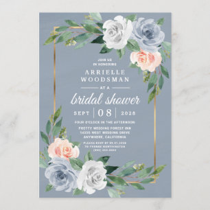 Invitation Dusty Blue Gold Blush Peach Fête des mariées rose