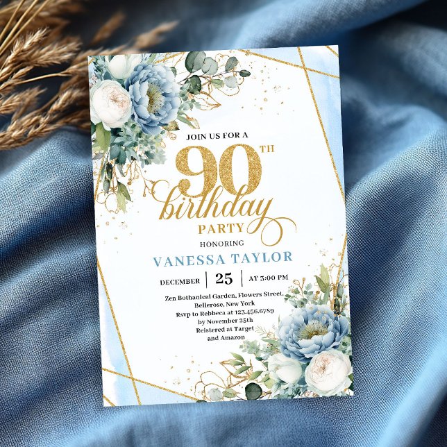 Invitation Dusty blue gold botanicals frame 90th birthday  (Dusty blue gold botanicals frame 90th birthday celebration)