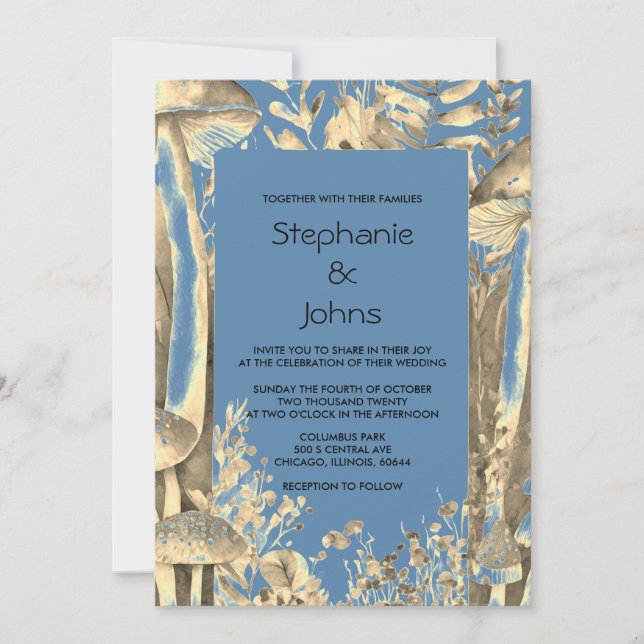Invitation Dusty Blue Gold Brown Champignons Mariage de bois (Devant)