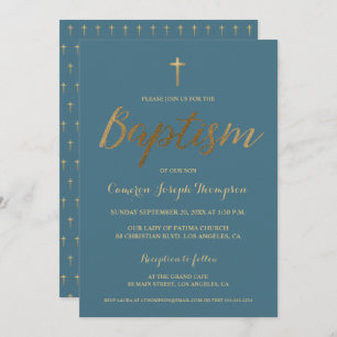 Invitation Dusty Blue Gold Cross Custom Baby boy Baptême