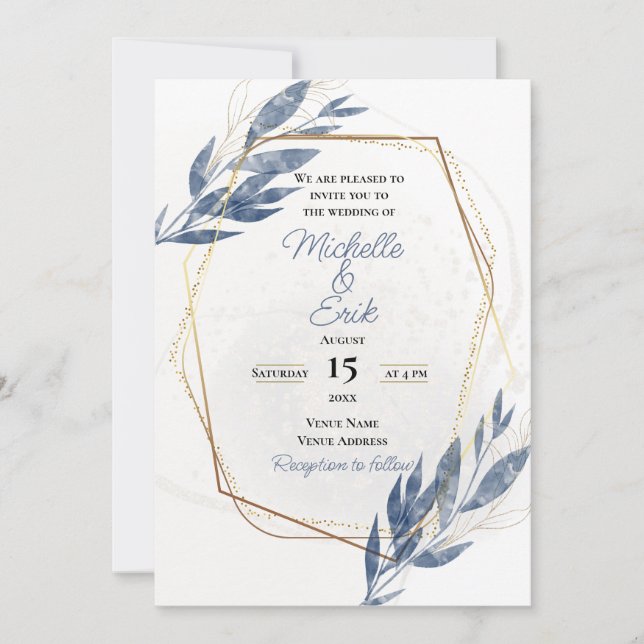 Invitation Dusty Blue Gold Elegant Moderne Luxe Mariage Inv (Devant)