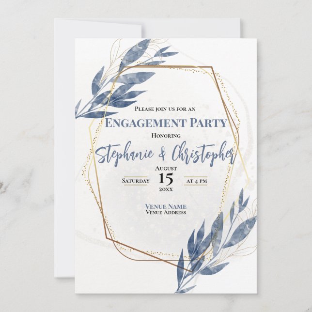 Invitation Dusty Blue Gold Eucalyptus Floral Fiançailles (Devant)