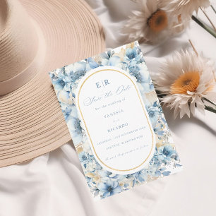 Invitation Dusty Blue Gold Floral Bloom tout en un Mariage