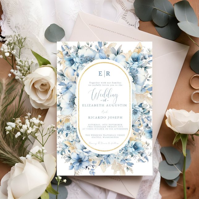 Invitation Dusty Blue Gold Floral Bloom tout en un Mariage (Créateur téléchargé)