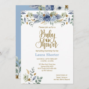 Invitation Dusty Blue Gold Floral Boy Baby shower