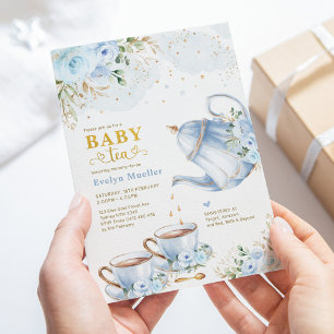 Invitation Dusty Blue Gold Floral Boy Baby shower Tea Party