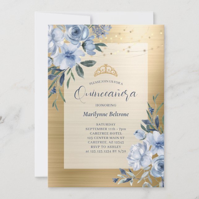 Invitation Dusty Blue Gold Floral Quinceañera (Devant)