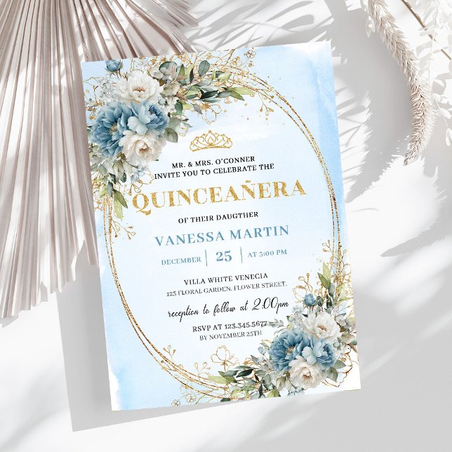 Invitation Dusty Blue Gold Greenery 15e anniversaire élégant  (Graceful Dusty Blue Gold Greenery 15th Birthday Invite

)