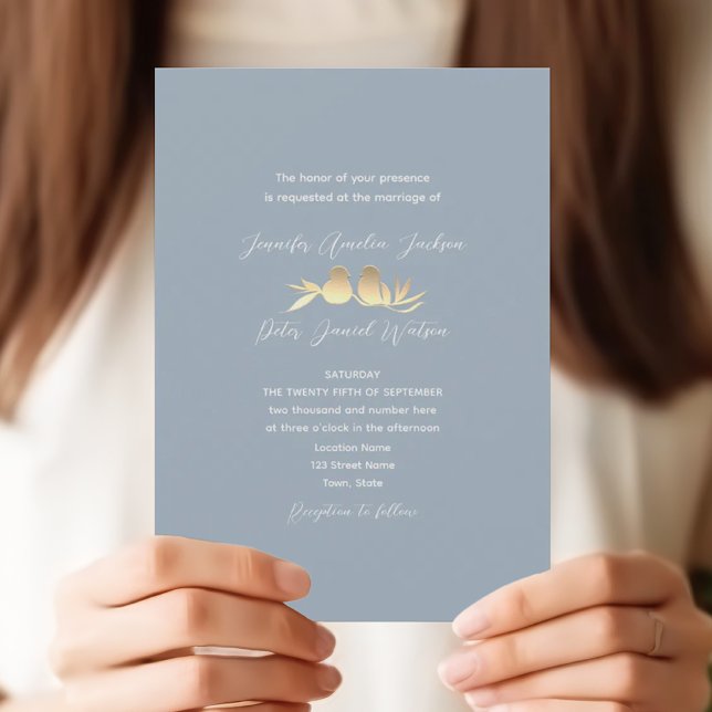 Invitation Dusty Blue Gold Lovebirds Wedding (Créateur téléchargé)