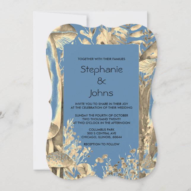 Invitation Dusty Blue Gold Mariage de bois de champignon arti (Devant)