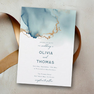 Invitation Dusty Blue Gold Moderne Romantique Turquoise Plage