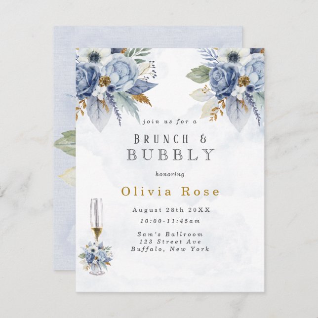 Invitation Dusty Blue Gold Peony Chic Brunch & Bubbly (Devant / Derrière)