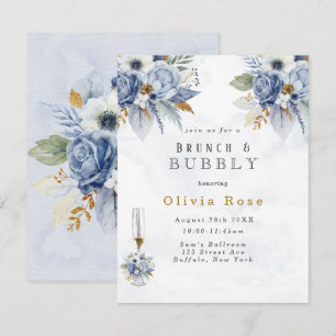 Invitation Dusty Blue Gold Peony Chic Brunch & Bubbly