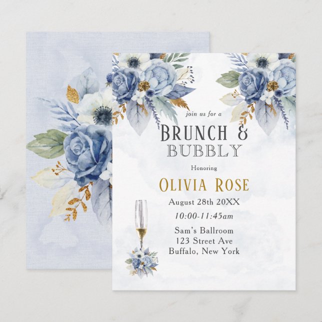 Invitation Dusty Blue Gold Peony Chic Brunch & Bubbly Invitat (Devant / Derrière)