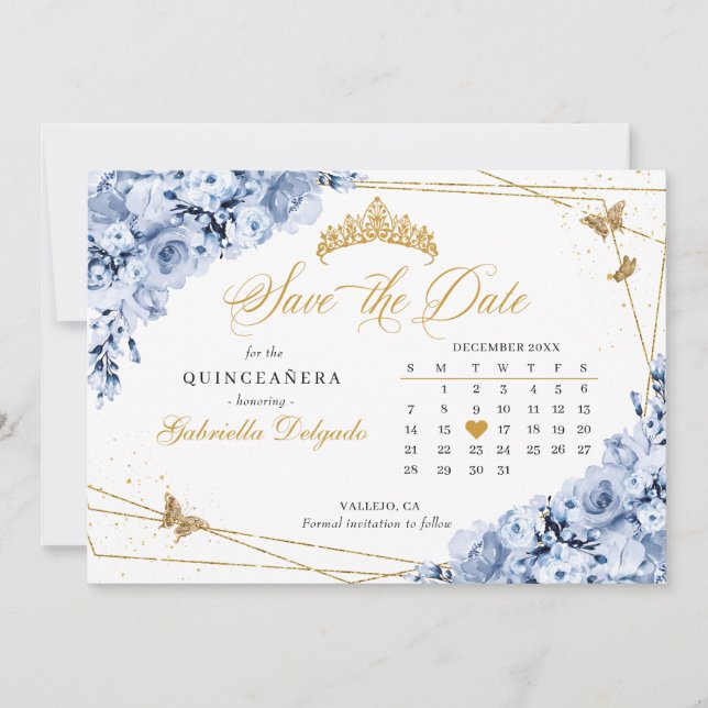 Invitation Dusty Blue & Gold Quinceañera Enregistrer La Date (Devant)
