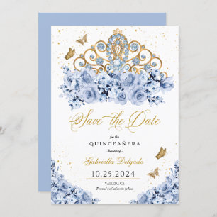 Invitation Dusty Blue & Gold Tiara Enregistrer La Date Quince