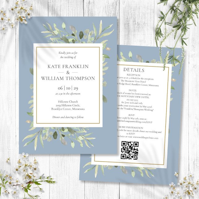 Invitation Dusty Blue Green All In One QR Code Mariage (Dusty Blue Greenery All In One QR Code Wedding Invitation)