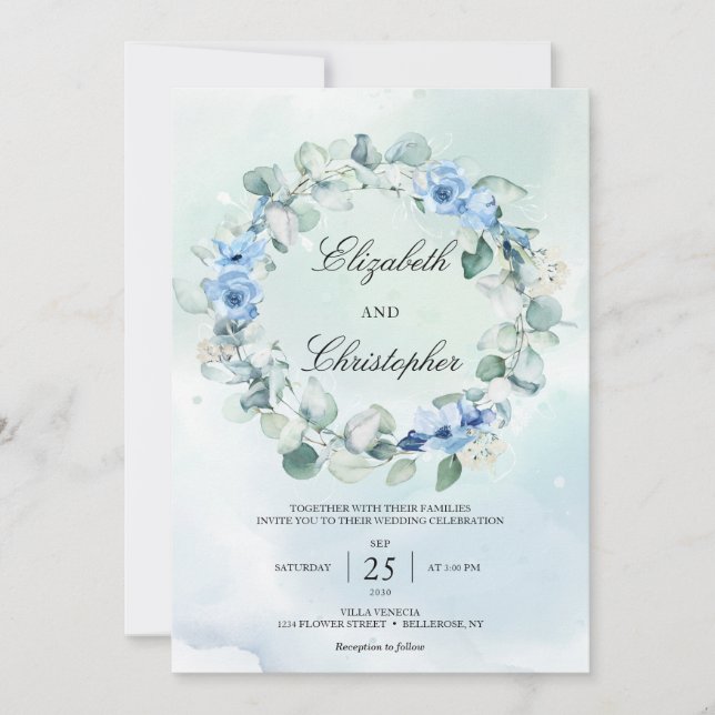 Invitation Dusty Blue Green Eucalyptus Wreath Mariage rustiqu (Devant)
