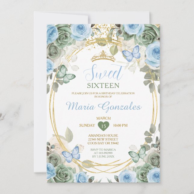 Invitation Dusty Blue & Green Floral Butterfly Sweet Sixteen (Devant)