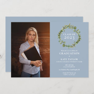 Invitation Dusty Blue Green Garland Photo Graduation Party
