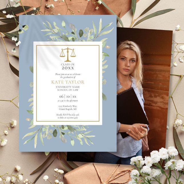 Invitation Dusty Blue Green Law School Graduation Photo (Dusty Blue Greenery Law School Graduation Photo Invitation)