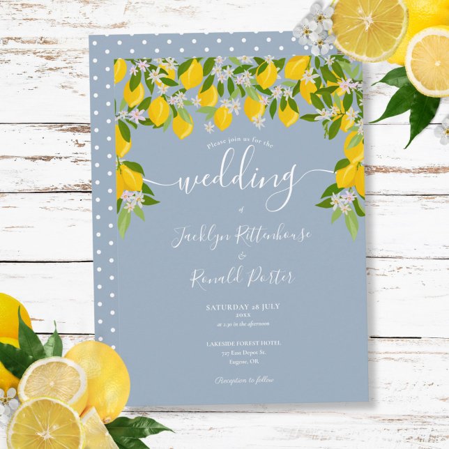 Invitation Dusty Blue Green Lemons Blossom Mariage (Dusty Blue Greenery Lemons Blossom Wedding Invitation)