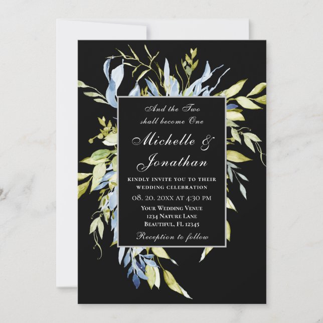 Invitation Dusty Blue Green sur le Mariage chrétien noir (Devant)