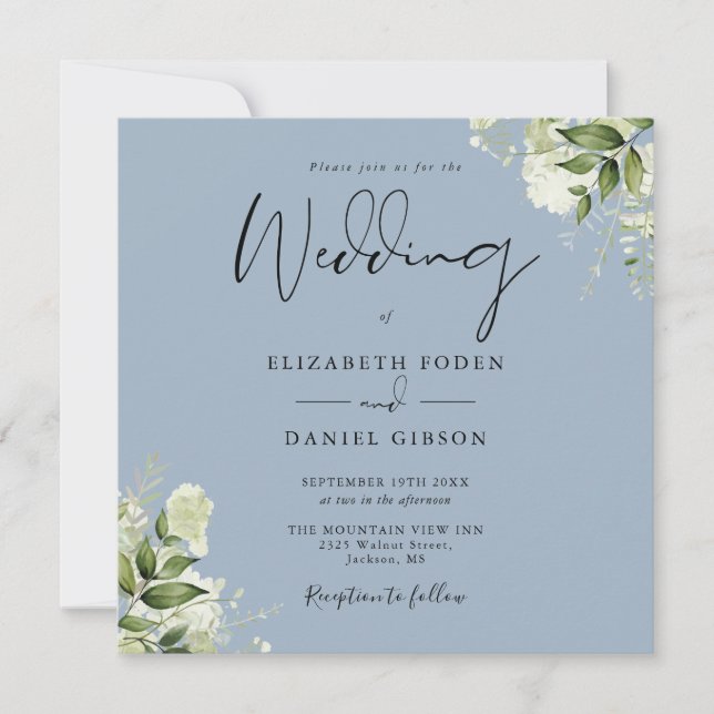 Invitation Dusty Blue Greenery Feuilles Monogramme Carré Mari (Devant)