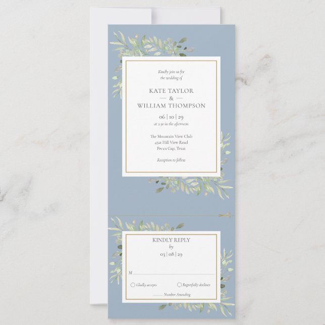 Invitation Dusty Blue Greenery Feuilles tout en un Mariage (Devant)