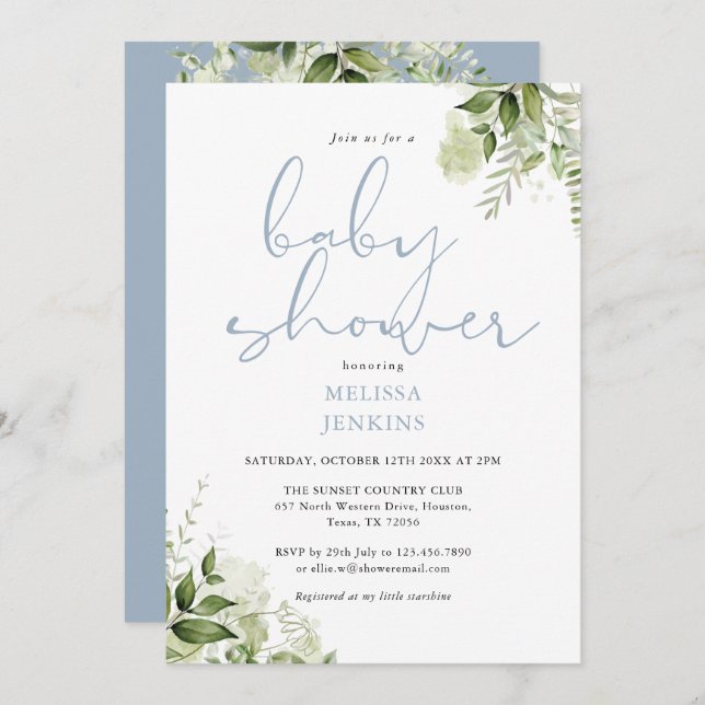 Invitation Dusty Blue Greenery Floral Boy Baby shower (Devant / Derrière)