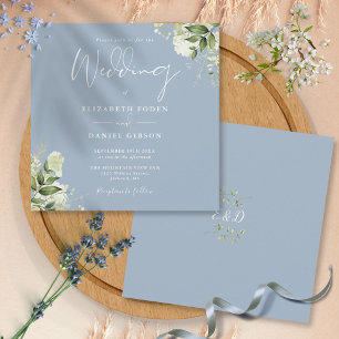 Invitation Dusty Blue Greenery Floral Monogramme Carré Mariag