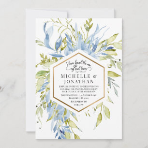 Invitation Dusty Blue Greenery Gold Frame Christian Mariage