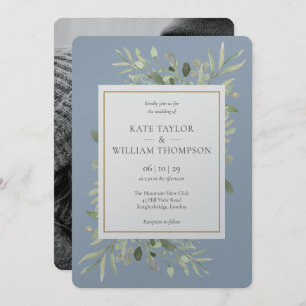Invitation Dusty Blue Greenery Metallic Silver Mariage photo