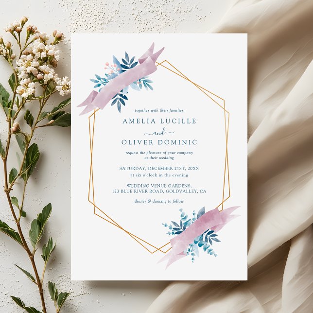 Invitation Dusty Blue Greenery Modern Gold Geometric Wedding (Créateur téléchargé)