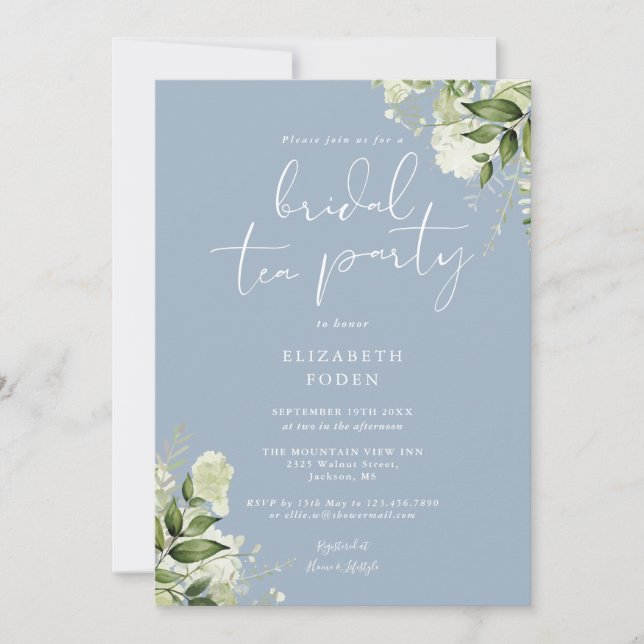 Invitation Dusty Blue Greenery Monogram Bridal Tea Party (Devant)
