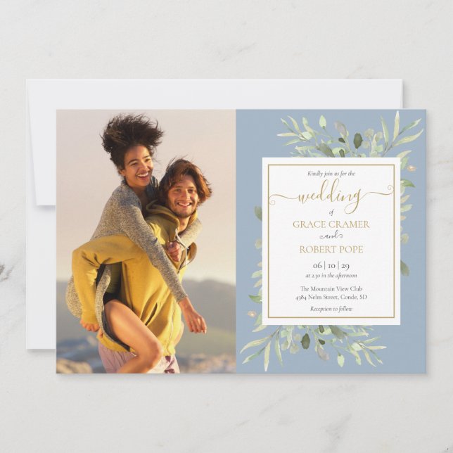 Invitation Dusty Blue Greenery Photo Gold Script Mariage (Devant)