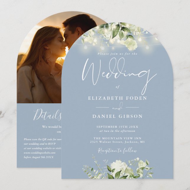 Invitation Dusty Blue Greenery QR Code Photo Arch Mariage (Devant / Derrière)