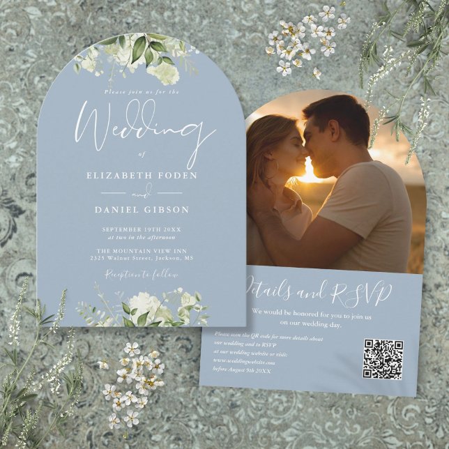 Invitation Dusty Blue Greenery QR Code Photo Arch Mariage (Dusty Blue Greenery QR Code Photo Arch Wedding Invitation)