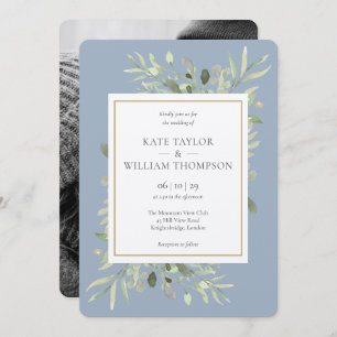 Invitation Dusty Blue Greenery Rustic Kraft Mariage photo