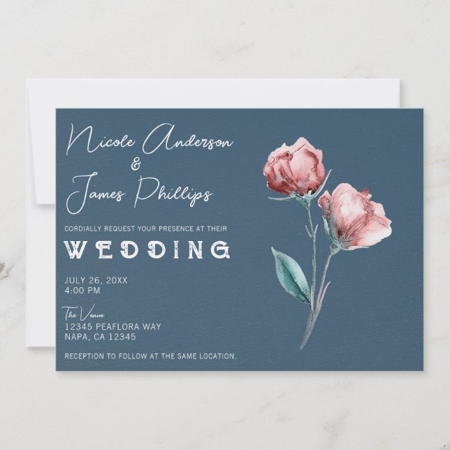 Invitation Dusty Blue Grey Moderne Aquarelle Mariage Floral (Devant)