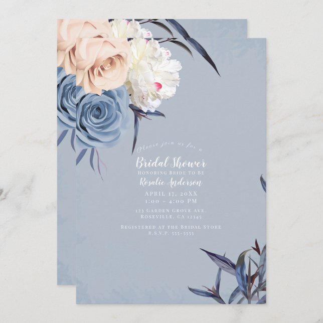Invitation Dusty Blue Grey & Peach Floral Fête des mariées (Devant / Derrière)