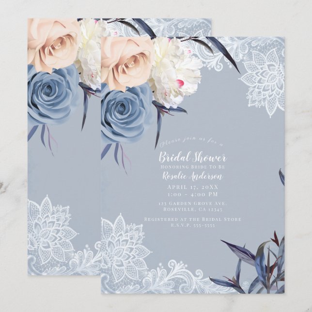 Invitation Dusty Blue Grey & Peach Floral Lace Fête des marié (Devant / Derrière)