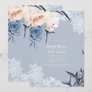 Invitation Dusty Blue Grey & Peach Floral Lace Fête des marié