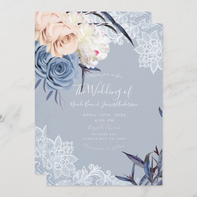 Invitation Dusty Blue Grey & Peach Floral Lace Mariage (Devant / Derrière)