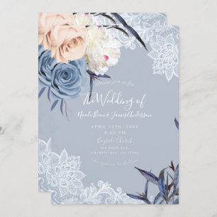 Invitation Dusty Blue Grey & Peach Floral Lace Mariage