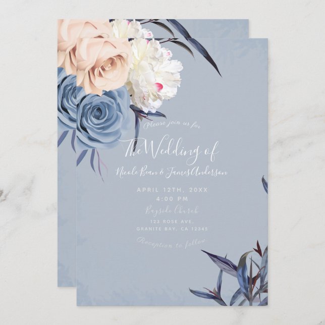 Invitation Dusty Blue Grey & Peach Floral Mariage (Devant / Derrière)